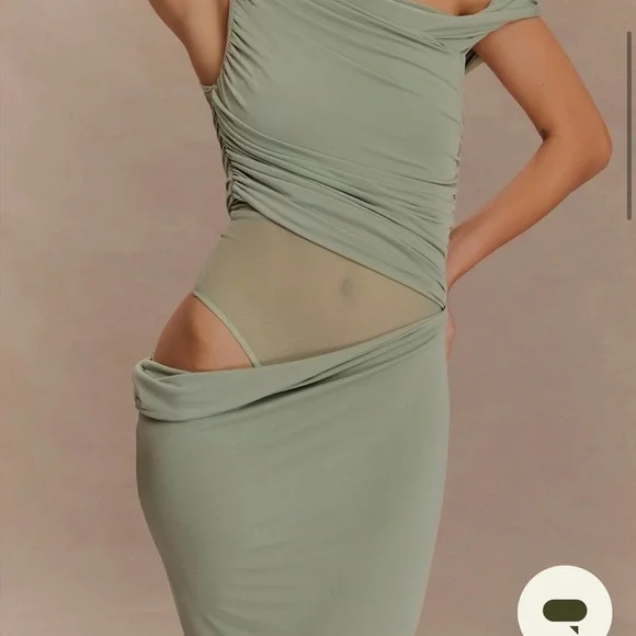 MESHKI Callen One Shoulder Slinky Maxi Dress in Sage - Picture 3 of 4